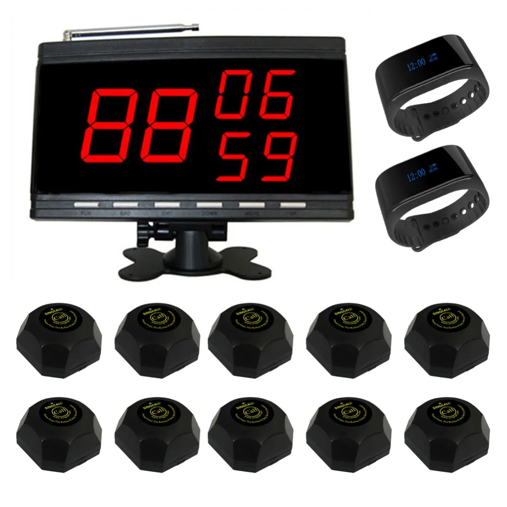 

SINGCALL Table Waiter Call Paging System for Customer, Pack of 10 Bells and 2 Watch Receivers and 1 Display Receiver