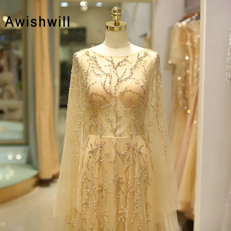 Luxury 2020 Women Evening Dress Long Sleeves Open Back A-line Illusion Bodice Sweep Train Tulle Beaded Gold Formal Prom Gowns
