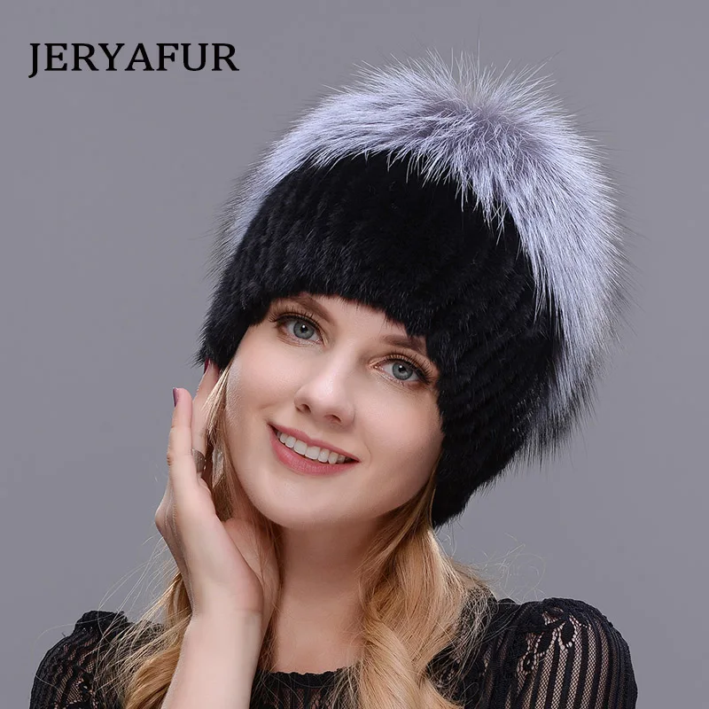JERYAFUR, женские новые меховые шапки для зимы, меховая шапка из натуральной норки, мех серебристой лисы, помпоны, вязаная шапка, новинка, распродажа, меховые шапки - Цвет: COLOR2