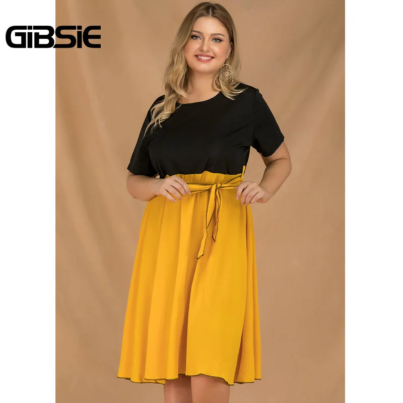 Женское платье туника GIBSIE желтое Повседневное средней длины в стиле пэчворк с о