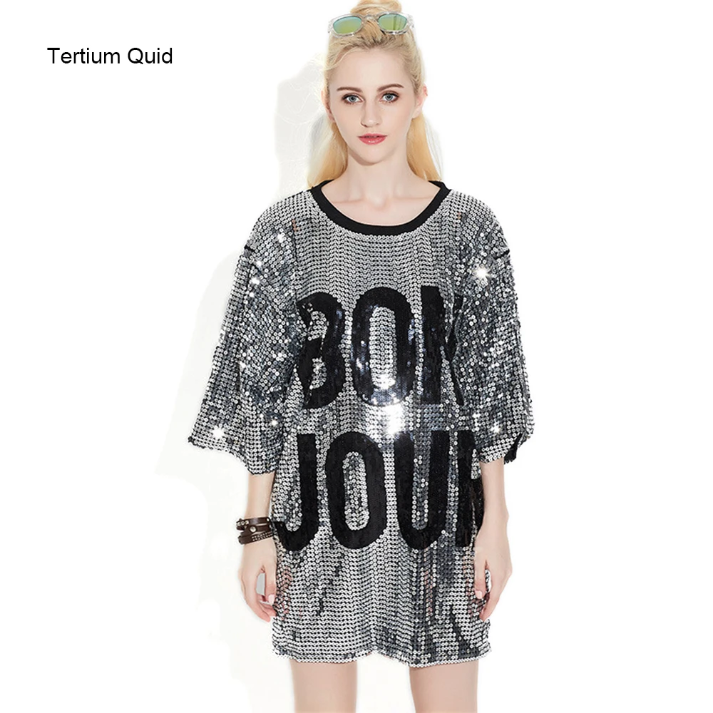 New Arrival Women T-Shirt Dresses Sequined Top Loose Knee Length Dress Dance Tops Graphic Tees T shirt Free Shipping | Женская одежда