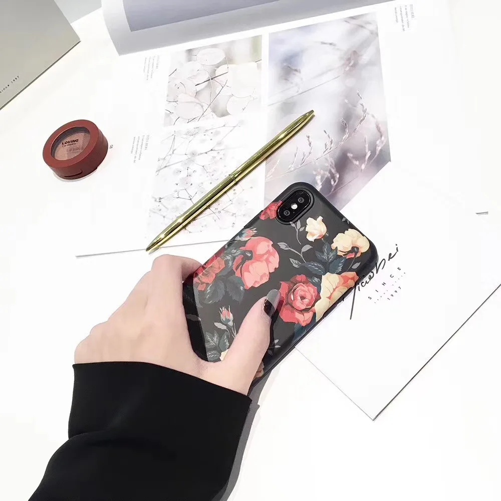 Retro Classical Red Rose Flower Phone Case for iphone6 6s 7 8 plus soft IMD Cover iphoneX |