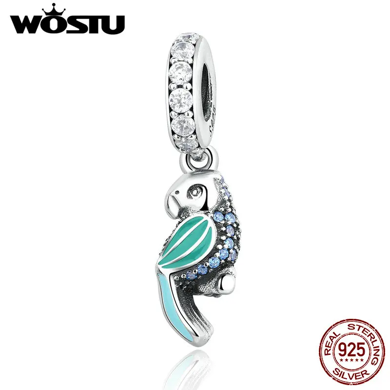WOSTU 925 пробы серебряные бусины с подвеской в виде тропического попугая, браслет с подвеской, Аутентичные ювелирные изделия