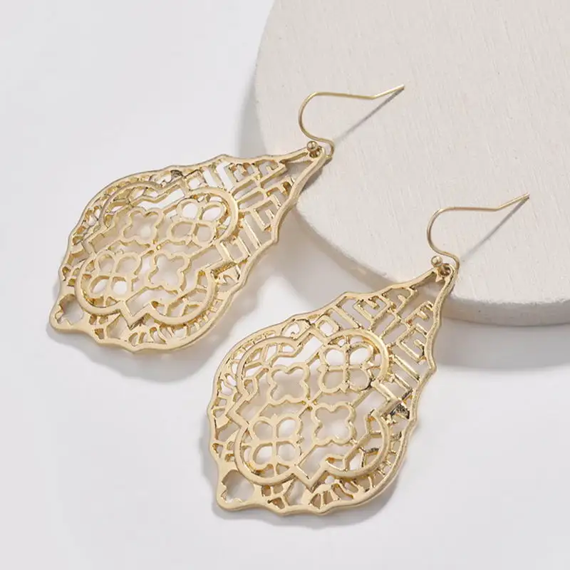 

Moroccan Filigree Teardrop Cutout Hollow Clover Designer Inspired Dangle Drops Statement Drop Earrings for Women