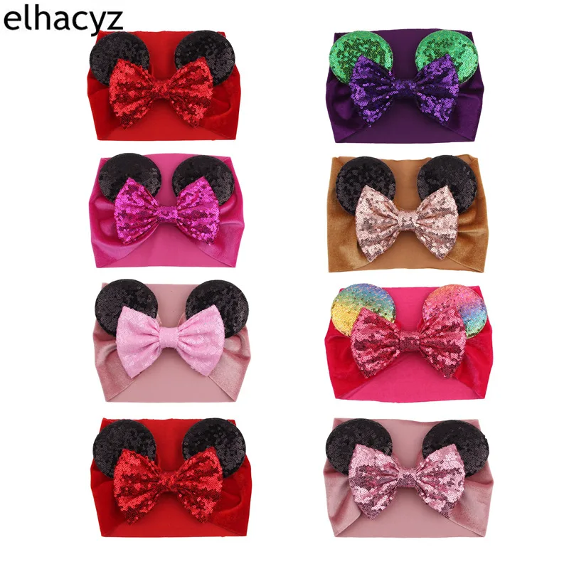 

10pcs/lot Wholesale Glitter 5" Sequin Bow Mouse Ears Headband Baby Head Wrap Girls Velvet Hair Accessories Kids Party Headwear