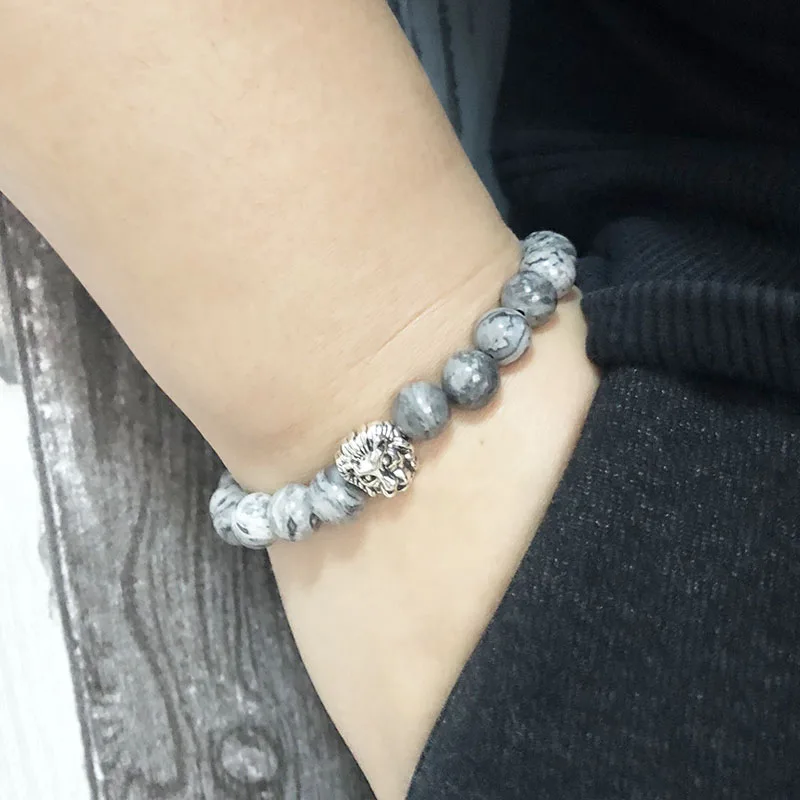 

Men Lion Natural stone beaded bracelet 8mm beads Stretch Man Bracelet