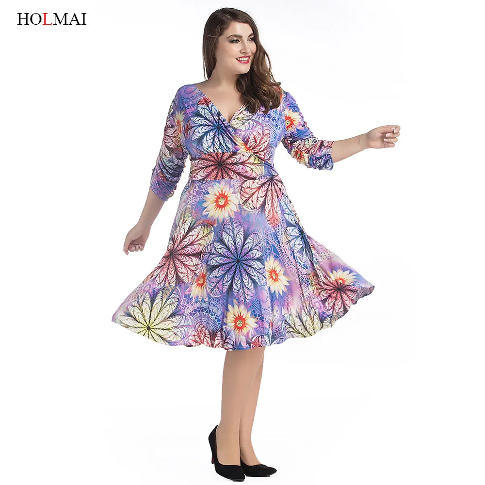 L-7xl элегантная женщина цветочный принт плюс размер богемный пляж dress летние дамы