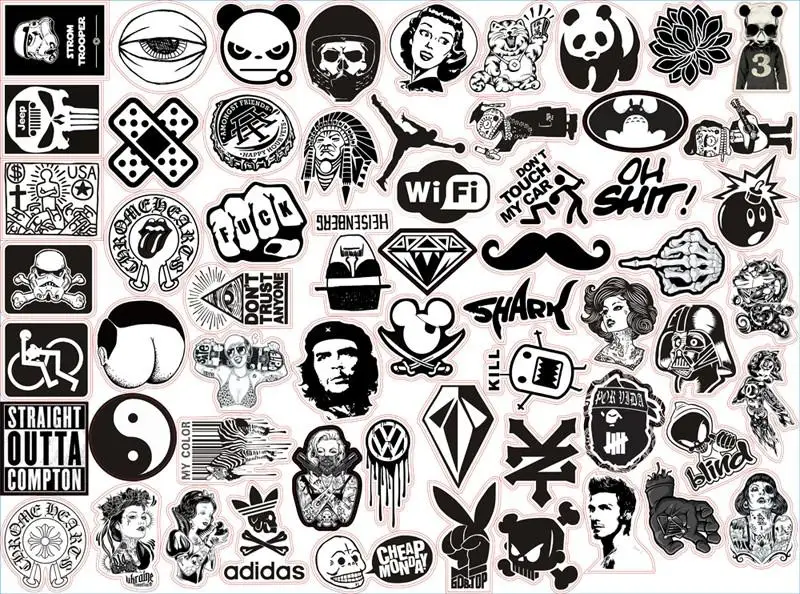 60pcs/Lot Cool Cartoon Stickers Black And White For Luggage Suitcase Skateboard Motor Car Pegatinas Adesivi Waterproof | Игрушки и хобби