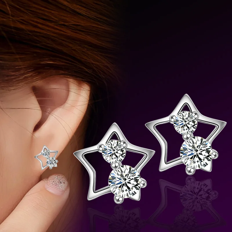 

925 sterling silver fashion little star shiny crystal female stud earrings jewelry anti allergy women drop shipping