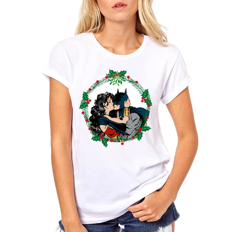 Забавная новая футболка женские летние топы 2019 Бэтмен и Женщина кошка поцелуй