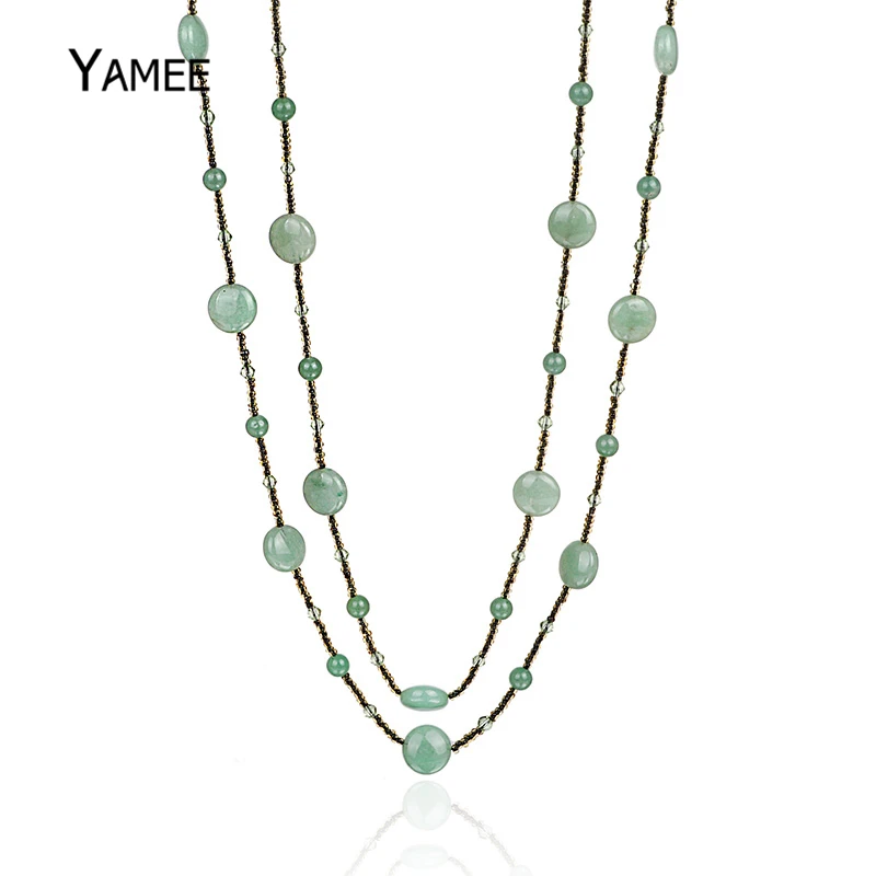 

Handmade Natural Aventurine Long Necklace Flat Round Green Gem Stone Statement Necklace Crystal Bead Sweater Necklaces For Women