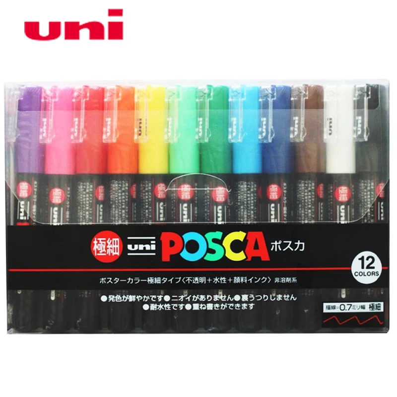 UNI POSCA PC 1M 12 цветов Костюм рекламная ручка граффити Выделите пропилена с круглой