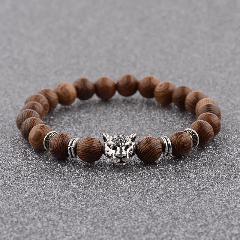 Men's Strand Bracelets Elastic Band Leopard head Wooden Beads Silver Color Buddha Beaded | Украшения и аксессуары