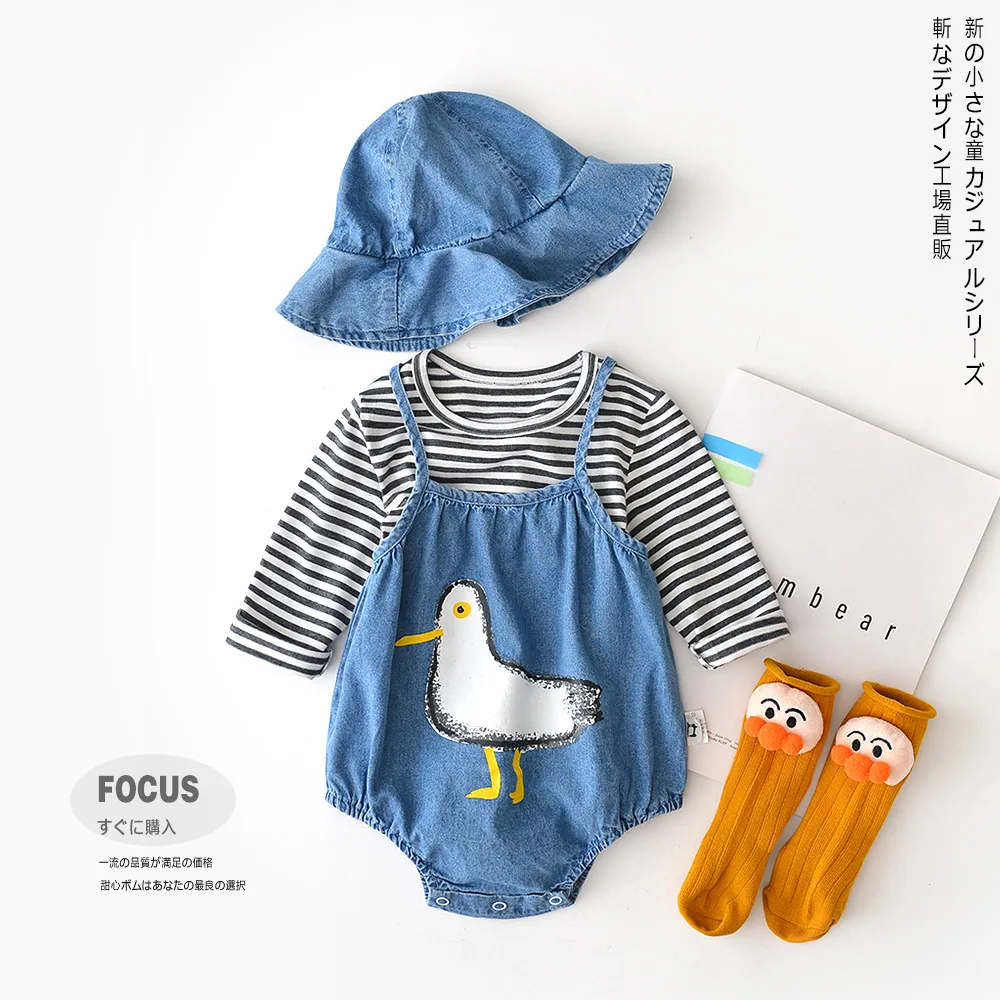 Весна 2019 Младенческая Дети мультфильм животных печатных мягкие джинсовые боди с