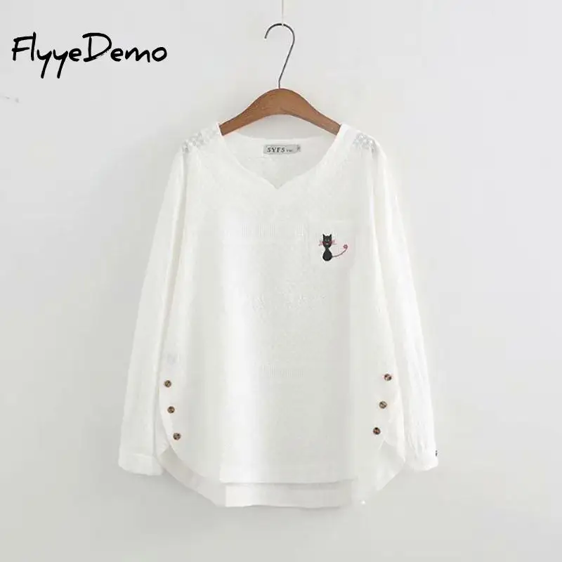 4XL 6 Colors Autumn New Lace Blouses Cat Embroidery Hollow Out Casual Ladies Fashion Shirts White Pink Loose Tops Plus Size | Женская