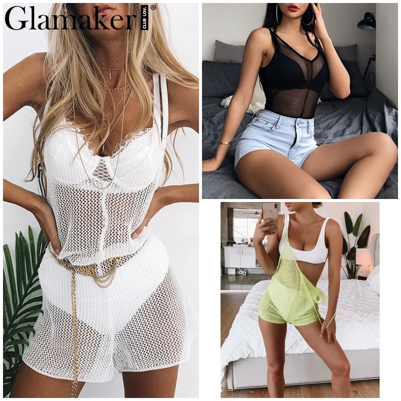 Glamaker черные с v-образным вырезом пляжные закрытые сетчатые открытые купальные костюмы женский короткий комбинезон сексуальные прозрачные бикини с открытой спиной крышки