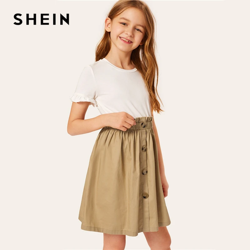 SHEIN/детское Повседневное платье для девочек с двумя пуговицами и рюшами спереди; коллекция года; летнее короткое расклешенное платье с рукавами-воланами и цветными блоками