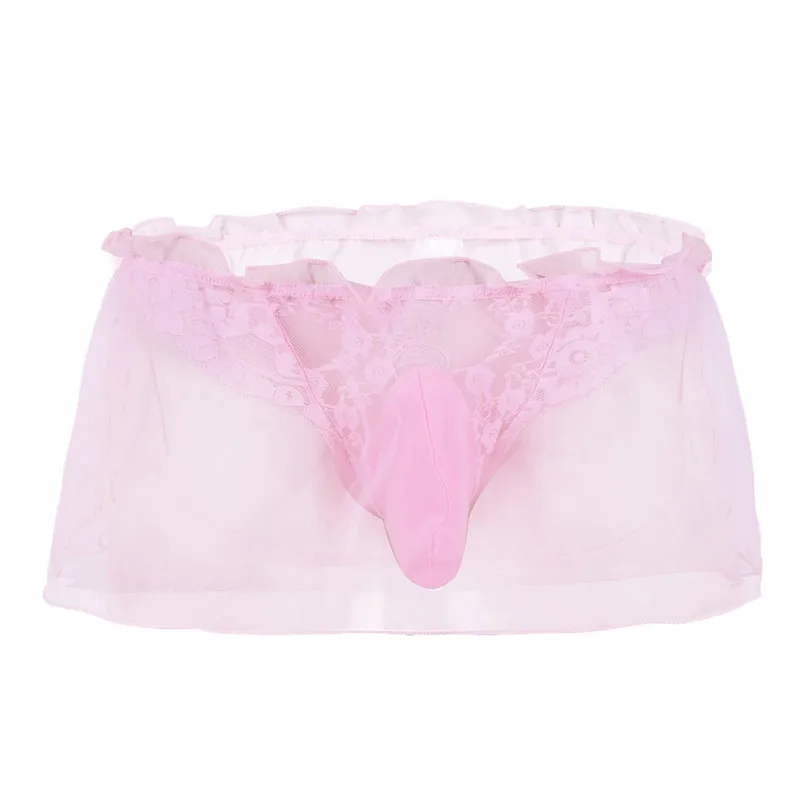 Pink Гей мужское нижнее белье Sissy кружева цветок органзы стринги трусики, бикини с выпуклой мешочком jockstrap Homme Sissy трусики - Цвет: Pink
