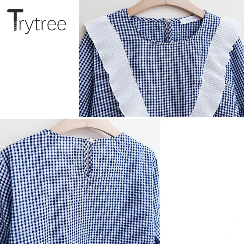Trytree лето осень женская блузка повседневная клетчатая рубашка с рукавом три