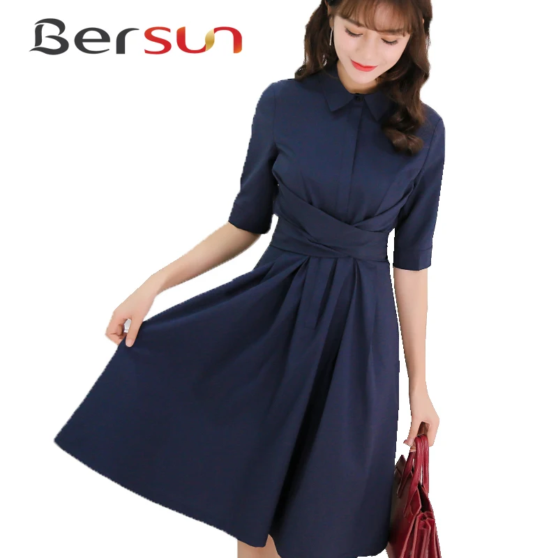 Bersun Spring Summer 2017 The New Korean Solid Color Casual Office Dress Short Sleeve Stitching Blue | Женская одежда
