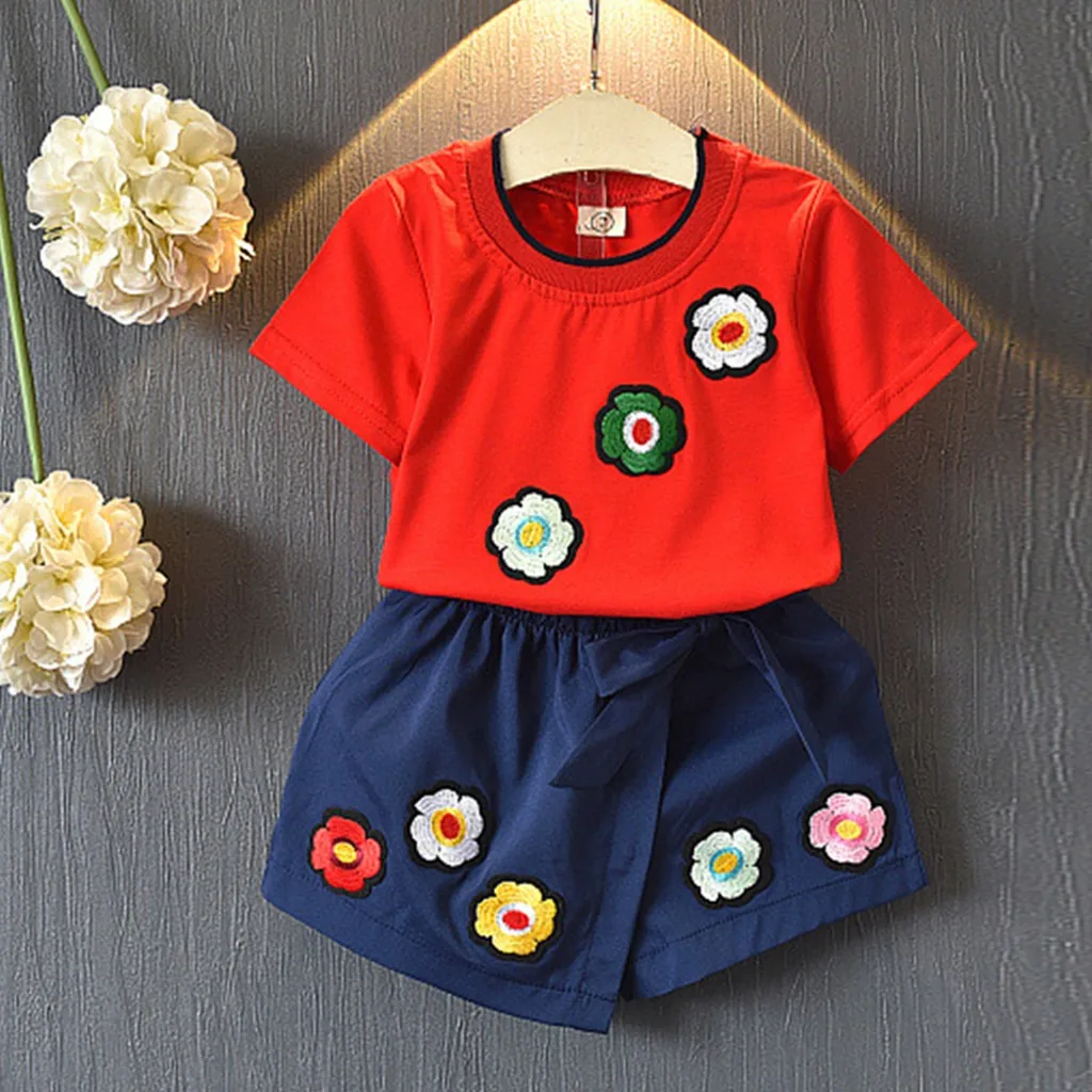 Летний комплект одежды для девочек Детская футболка с короткими рукавами и