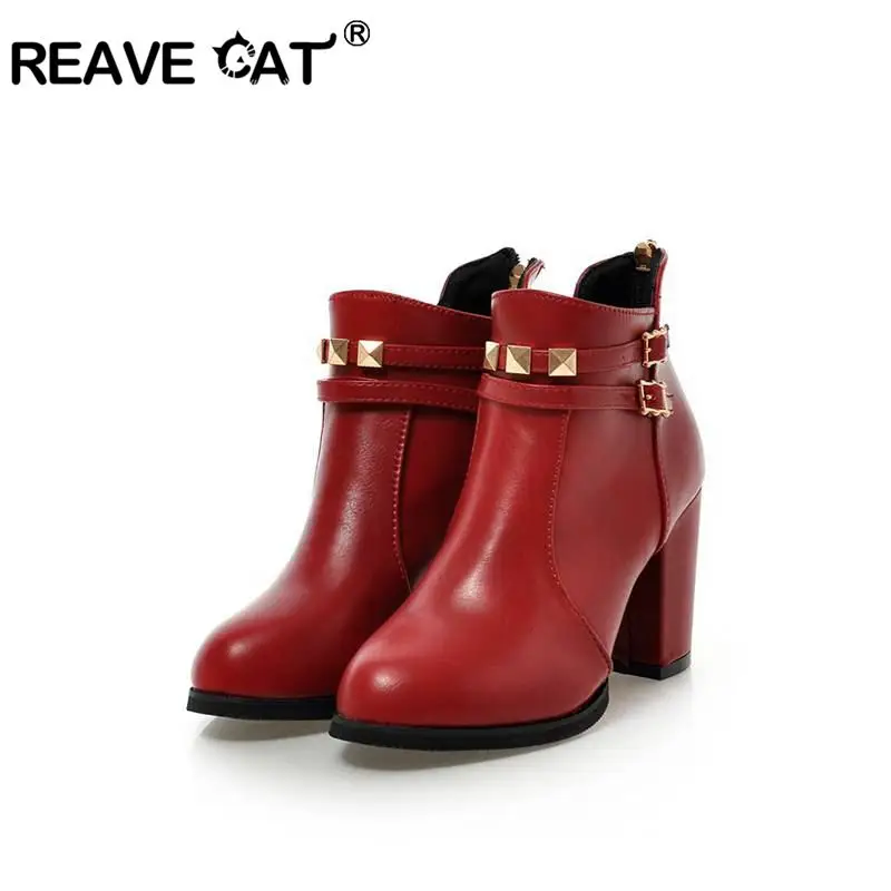 REAVE CAT/зимняя кожаная обувь ботинки на высоком квадратном каблуке короткие молнии