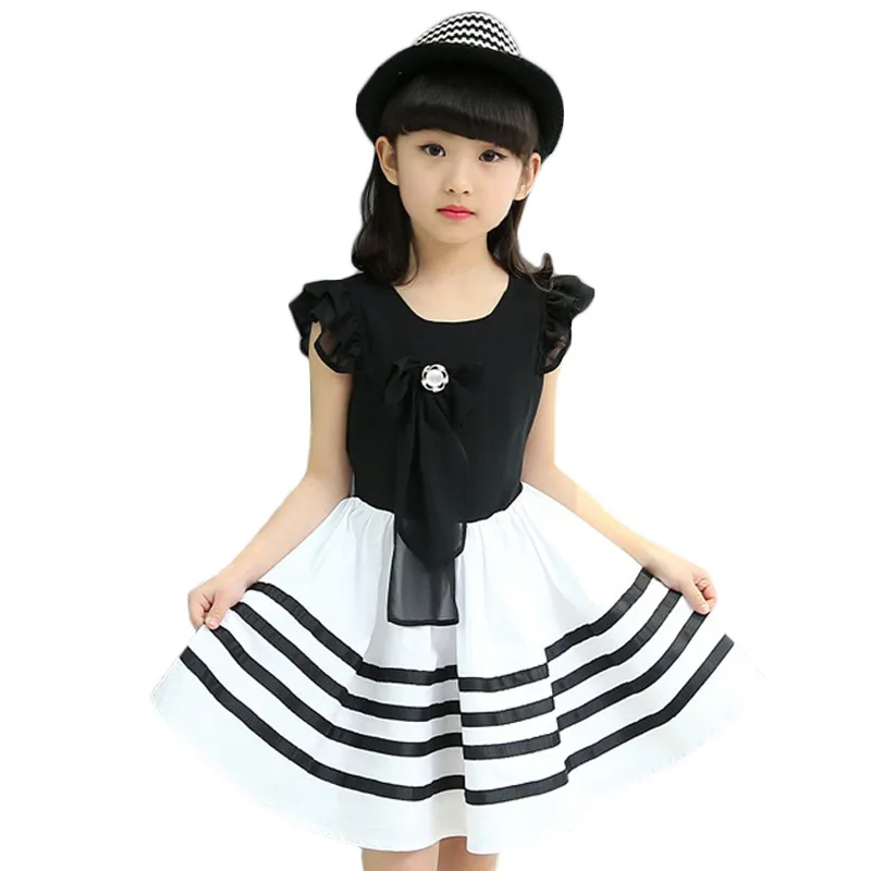 

2020 Summer Bow Korean Children's dress Girl Weave Bring Flying Sleeve Princess dress Children Chiffon Split Joint Dress Tide