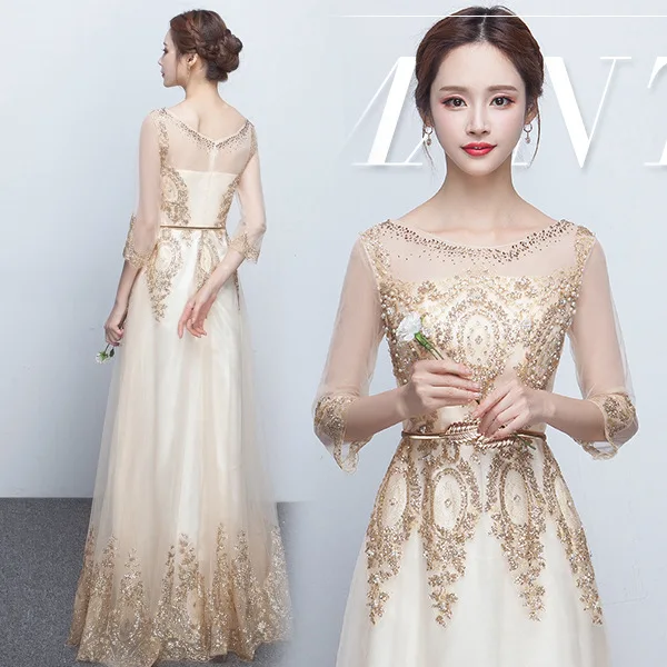 

A Line Sequins Golden Evening Dress Long Prom Party Dresses Evening Gown Formal Dress Women Elegant Robe De Soiree