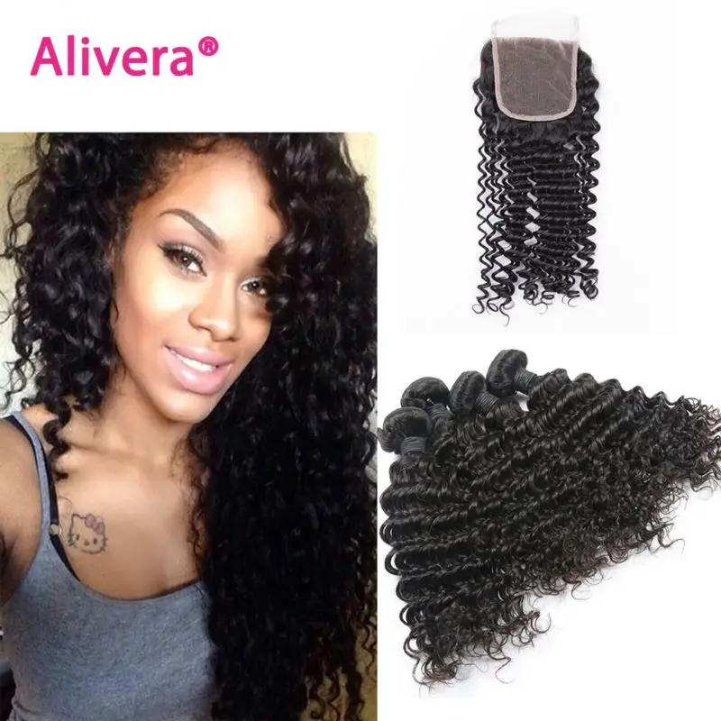 7А Неопрессованном бразильский глубокая волна с закрытием волос связки кружевом