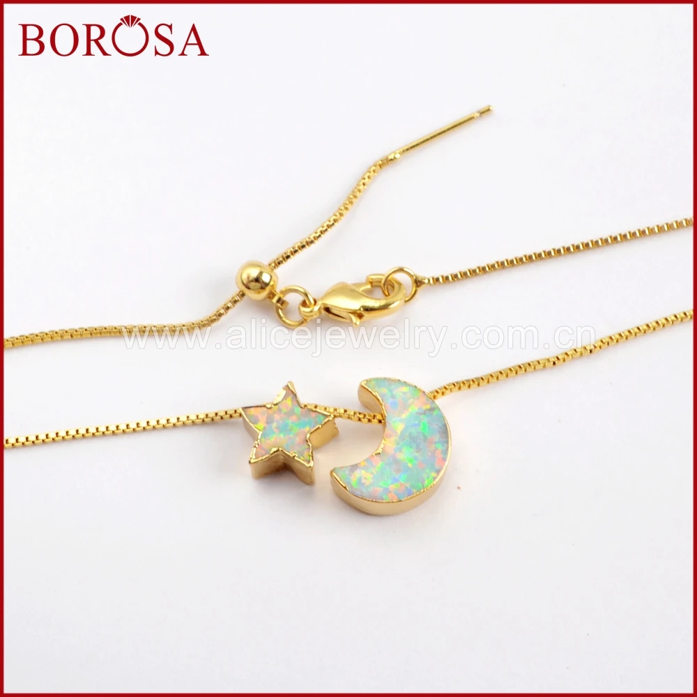 BOROSA New Arrivals! 5PCS 17inch Crescent& Star Gold Color Gems Man-made Opal Pendant Beads Necklace women Jewelry G1573