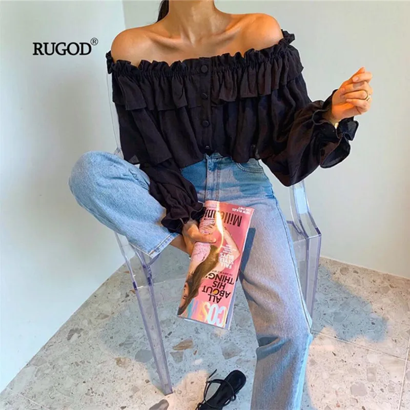 

RUGOD Summer Button Design Ruffle Blouse Women Sexy Off Shoulder Long Flare Sleeve Tank Top Casual Solid Elastic Cropped Tops