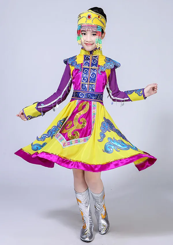 Girls Yellow Mongolia Dress for Stage Chinese National Costumes Child Hmong Dance Clothing Kids Traditional Dance wear Outfit - Цвет: Цвет: желтый