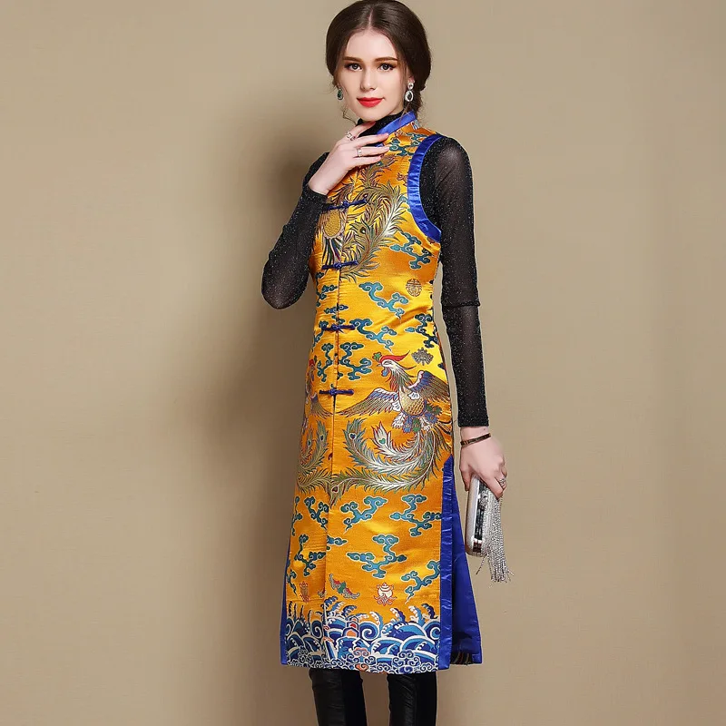 Китайский Для женщин феникс Qipao пальто осень-зима женский дракон куртка без рукавов жилет нарядные Кнопка Cheongsam блузка