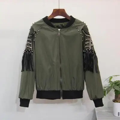 army green Для женщин одноцветное Пальто для будущих мам Роскошные Куртки Мода Дизайнер Куртка Для женщин с длинным рукавом кисточкой бисером Zip Курточка бомбер h888 - Цвет: army green
