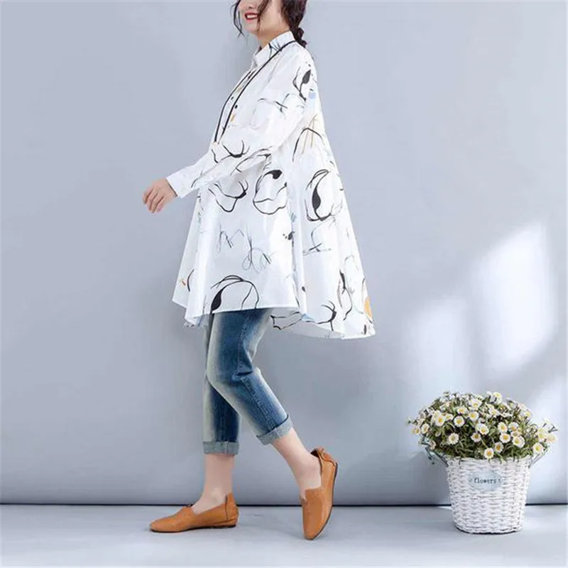 BUYKUD Casual Plus Size Cotton Blouses 2018 New Elegant Printed Pocket Tops Vacation Single Breasted Polo Collar Buttons |