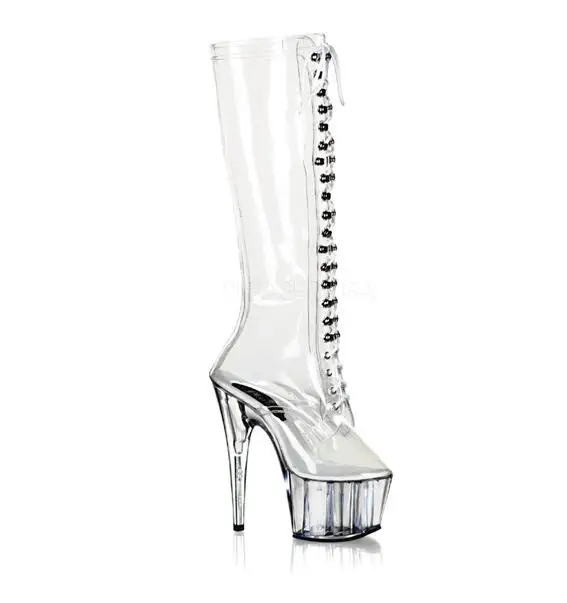 

Clear PVC Women Boots Knee High Round Toe Lace-up High Platform Ladies Runway Boots Transparent
