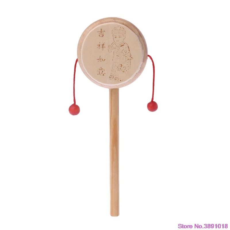 New Wood Cartoon Chinese Traditional Spinning Rattle Drum Hand Bell Baby Musical Toy
