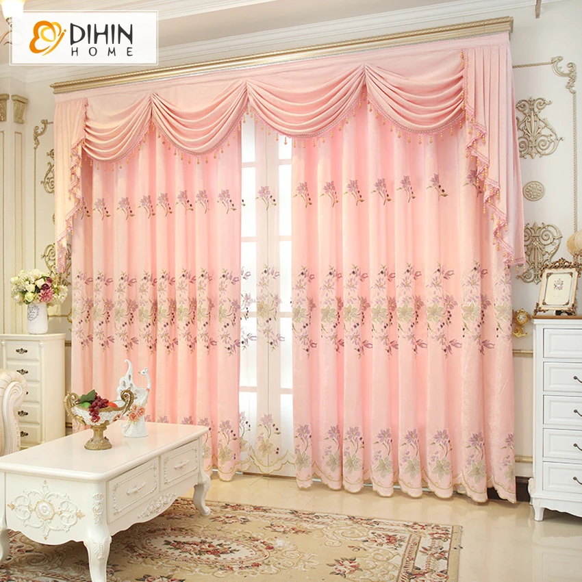 

DIHIN HOME Luxury Embroidered European Rural Pink Color Curtains For Living Room Window Drapes Custom Made Curtain