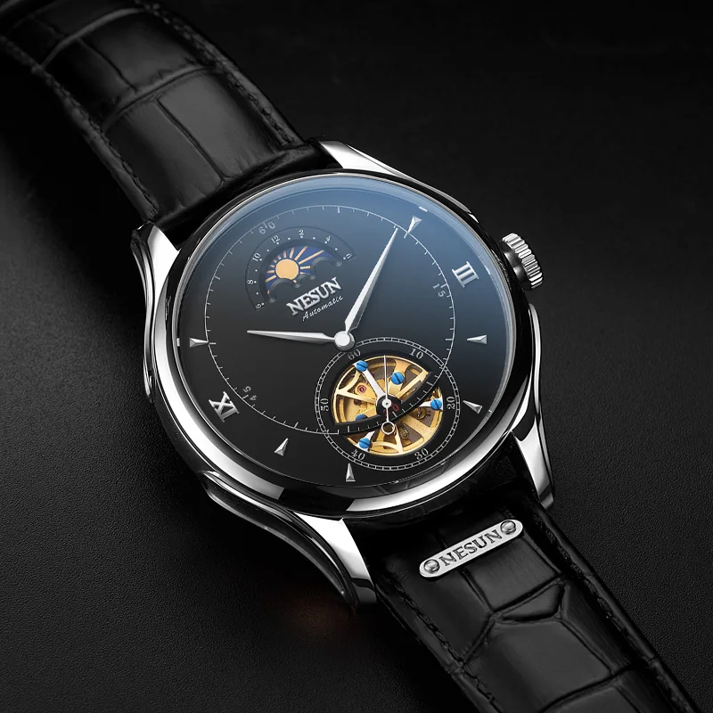 Silver-black Швейцария NESUN Tourbillon механические часы для мужчин люксовый бренд автоматический бизнес Скелет Водонепроницаемый Relogio Masculino M9038-4 - Цвет: Silver-black