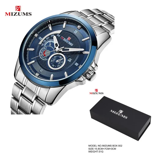 blue with box Мужские часы с бриллиантами, кварцевые часы из нержавеющей стали, мужские наручные часы, водонепроницаемые часы с датой, золотые мужские часы, Лидирующий бренд Mizums reloj hombre - Цвет: blue with box