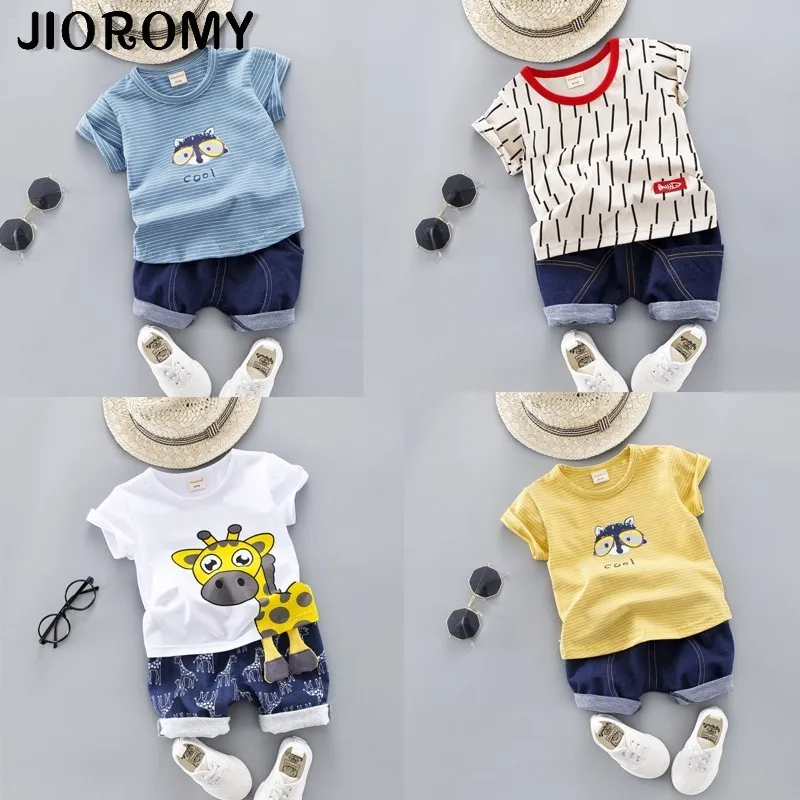 JIOROMY 2019 Children's Garment Short Sleeve Suit Stripe Cartoon Twinset Male Girl Children |