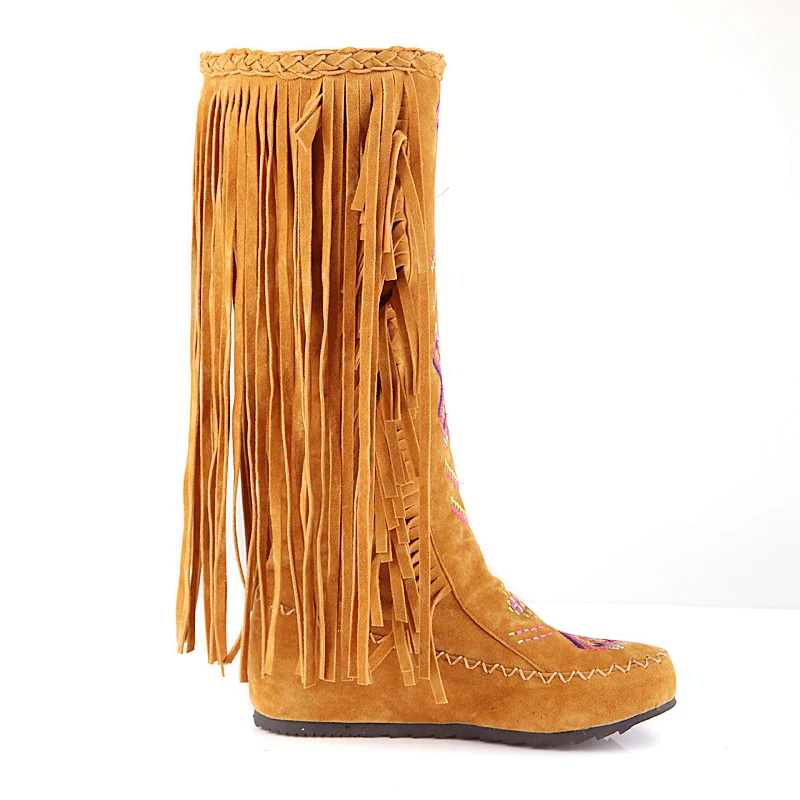 

Womens Thign High Round Toe Slip-on Fringing Ethnic Street Style Flat Gold Boots Shoes Snow Boots Winter Shoes Footwear