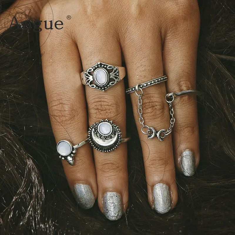 4 шт. Ретро Бохо олень Геометрическая Опаловая каменная Луна набор колец Миди