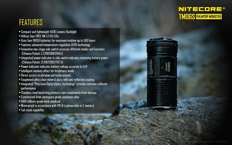 Лидер продаж; NITECORE 4000 люмен TM06S CREE XM-L2 U3 светодиодный фонарик Водонепроницаемый без 18650 фонарь Открытый Кемпинг