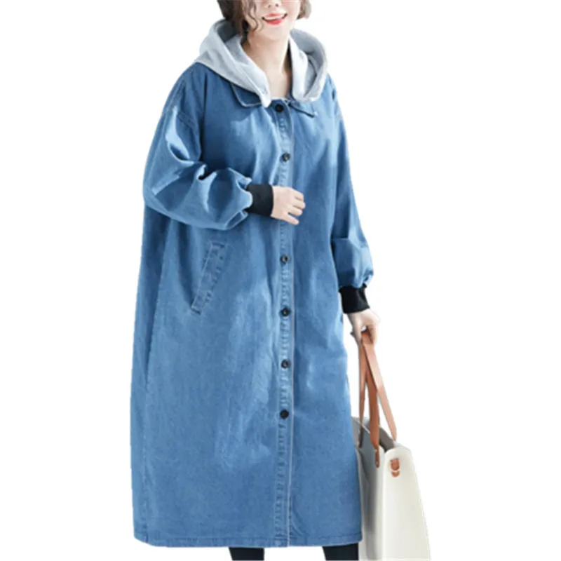 

Long Section Large Size Denim Windbreaker Jacket Female 2019 Spring Fashion New Loose Hooded Long Sleeve Windbreaker Coat 596