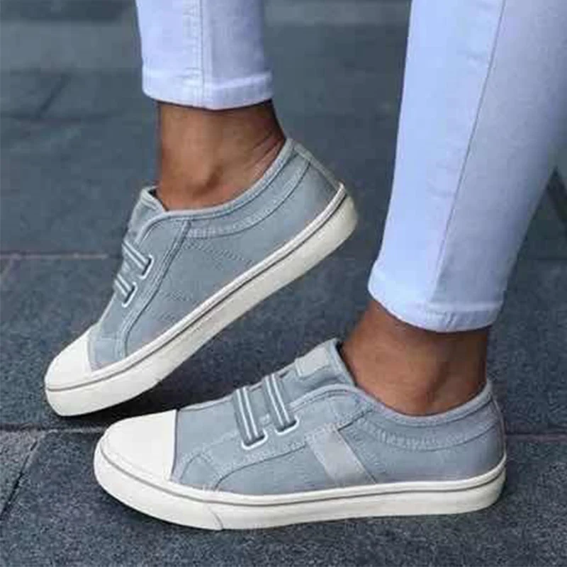 Серый Women Flat Canvas Sneakers Casual Elastic Band Vulcanized Shoes Slip On Comfortable Platform Female Footwear Autumn Plus size - Цвет: Серый