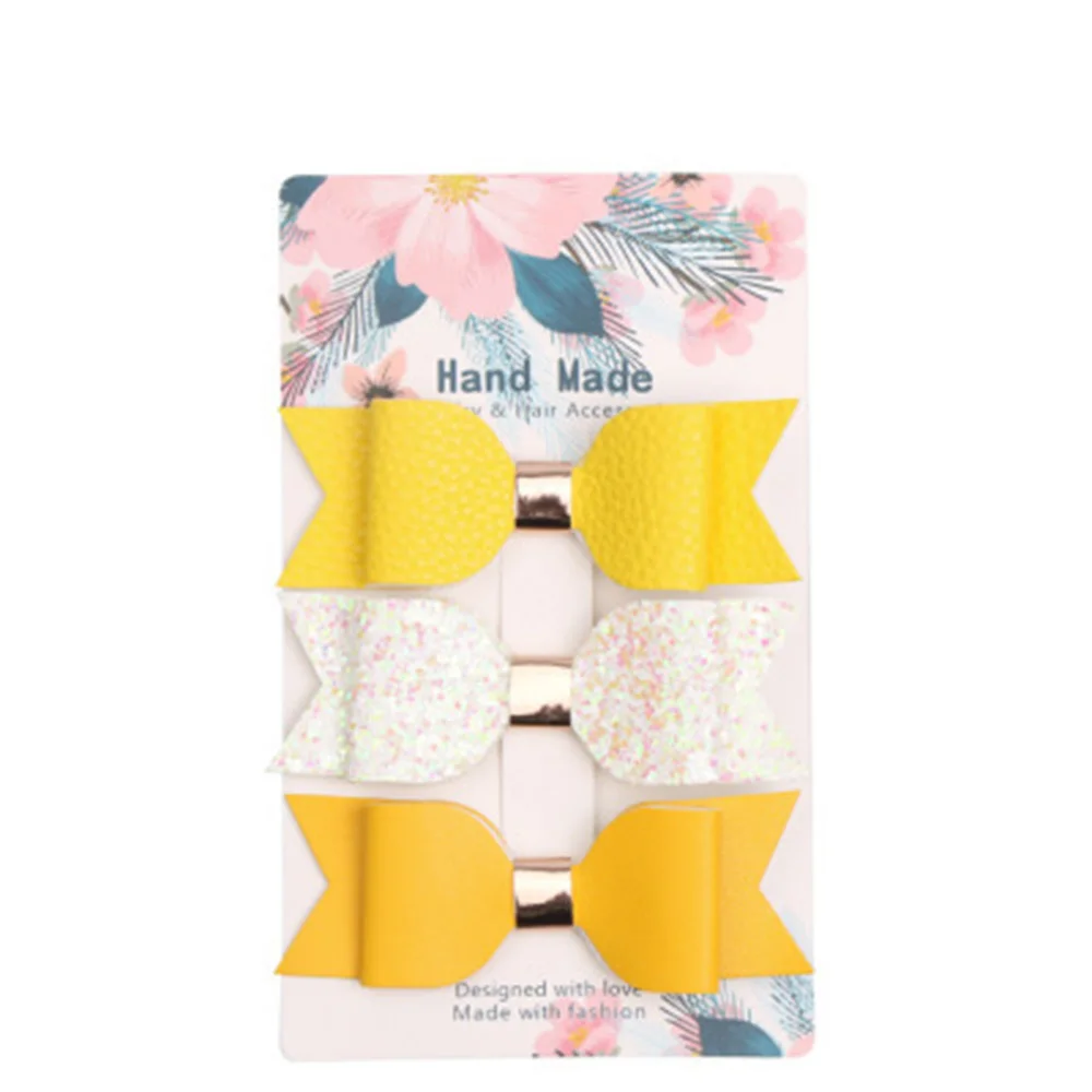 

3Pcs/Set Fashion Leather Glitter Hair bow Suits For Girls Kids Solid Hairpins Princess Hair Clip Boutique Hair Accessories