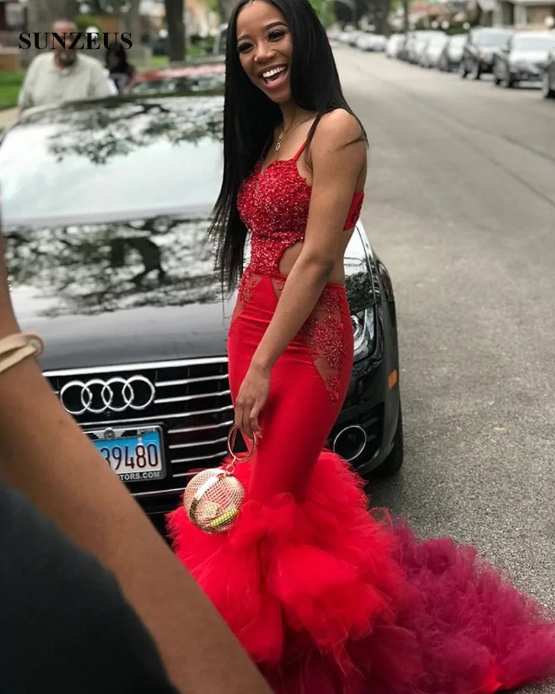 Mermaid Sweetheart Spaghetti Straps Prom Dress Sweep Train Ruffles Tulle Skirt Long Red Party Gowns Sexy Beaded Appliques Dress