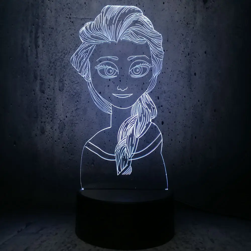 Фигурка 3D USB СВЕТОДИОДНЫЙ светильник Принцесса Эльза-Снежная королева многоцветная смена настроения визуальный RGB настольный ночник подарок длинные волосы красота девушка
