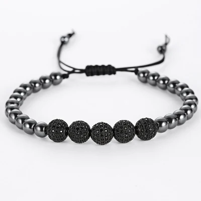 Black Mcllroy мужские браслеты, круглые бусины и 8 мм Micro Pave черные CZ бусины Micro Pave кубического циркония плетение Макраме Браслеты - Окраска металла: Black